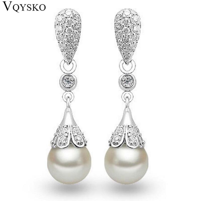 

Fashion Bridal Simulated Pearl White Water Drop Pearl Earrings Rhinestone Silver-color Copper Elegant Brincos Jewelry 2020
