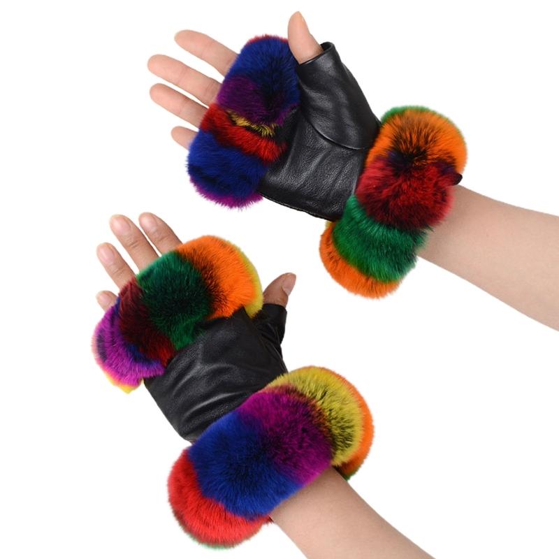 

Womens Winter Faux Leather Half Finger Gloves with Colorful Fluffy Plush Trim Outdoor Driving Thermal Fingerless Mittens