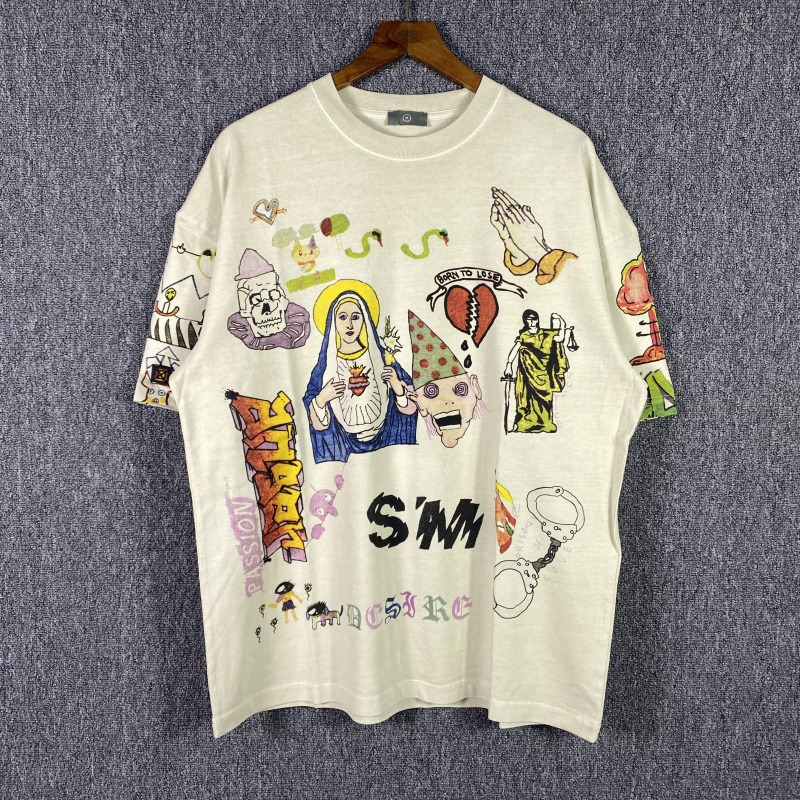 

Graffiti T shirt Men Women High Quality Tee Oversize Tops Vintage Printed Short Sleeve Real Pics, 645 beige