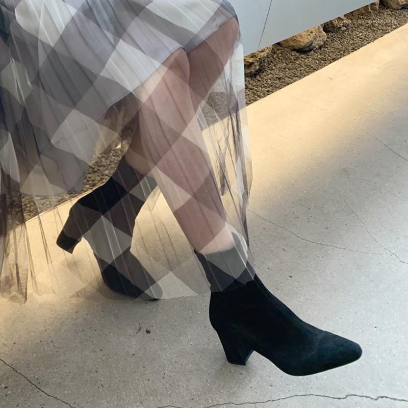 

Leather Boots Women Pointed Toe Mid Heel Ankle Boots Thick Square Heel Slip on Western Women 2021 New Size 33-421, Black 4cm