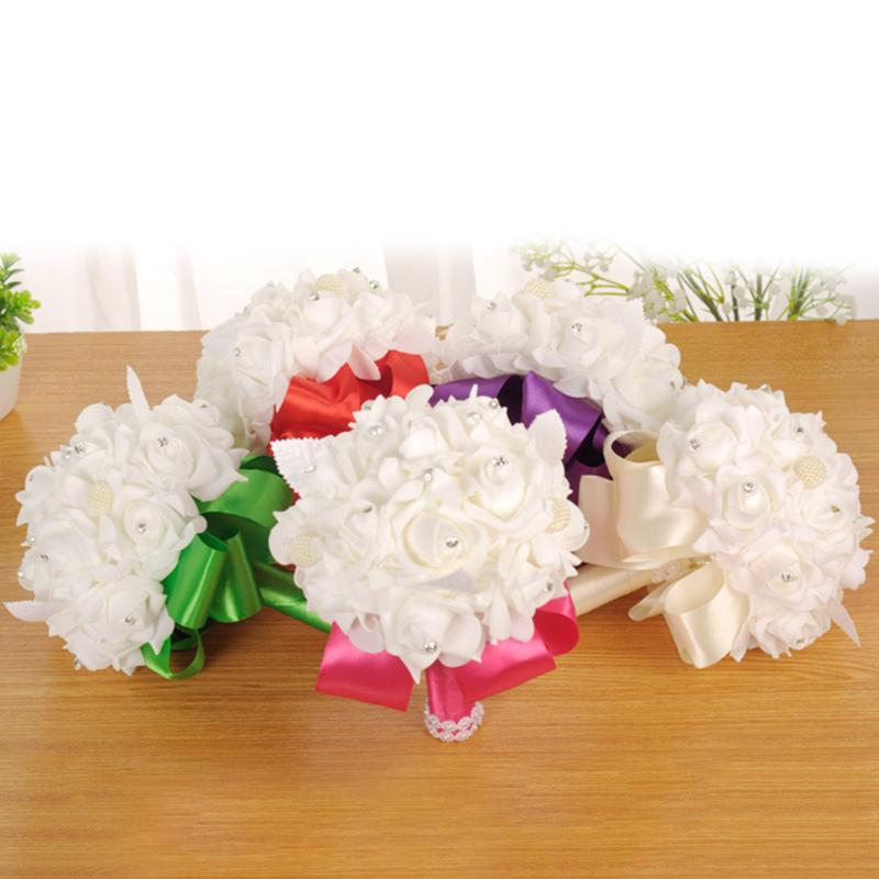 

Wedding Bouquet Crystal Pearl Silk Roses Bridal Bridesmaid Wedding Hand Bouquet Artificial Fake Flowers, White