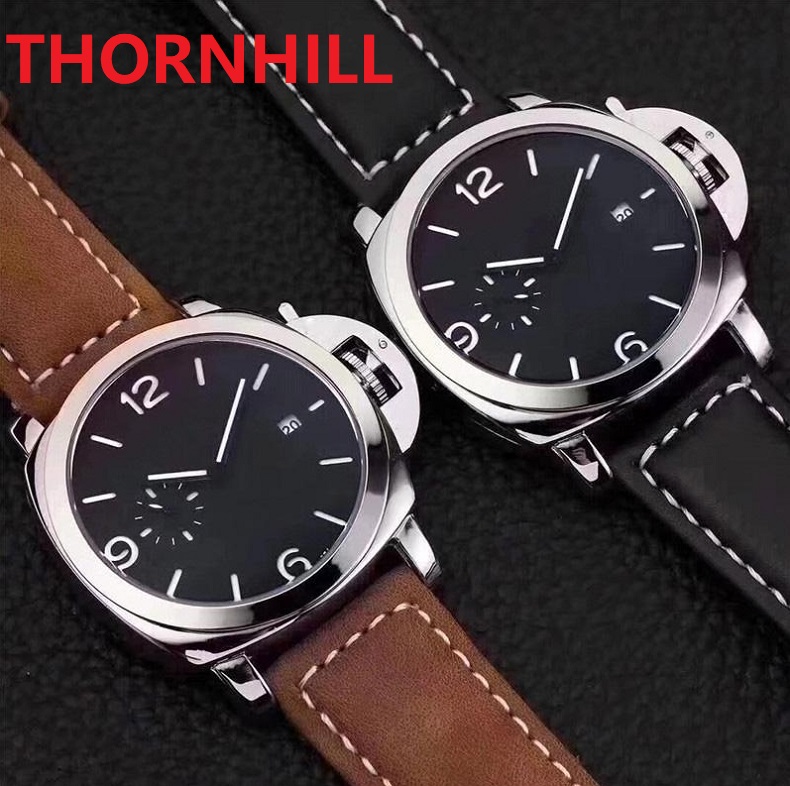 

three two needles leather belt wristwatch 50mm sub dials work fashion mens watches High Quality Sport Japen VK Quartz Chronograph pilot litt, Slivery;brown