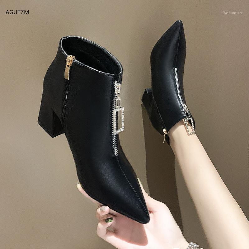 

Autumn women's shoes boots female 2020 new short boots pointed rhinestone front zipper high heel women's Ankle z1671, Beige