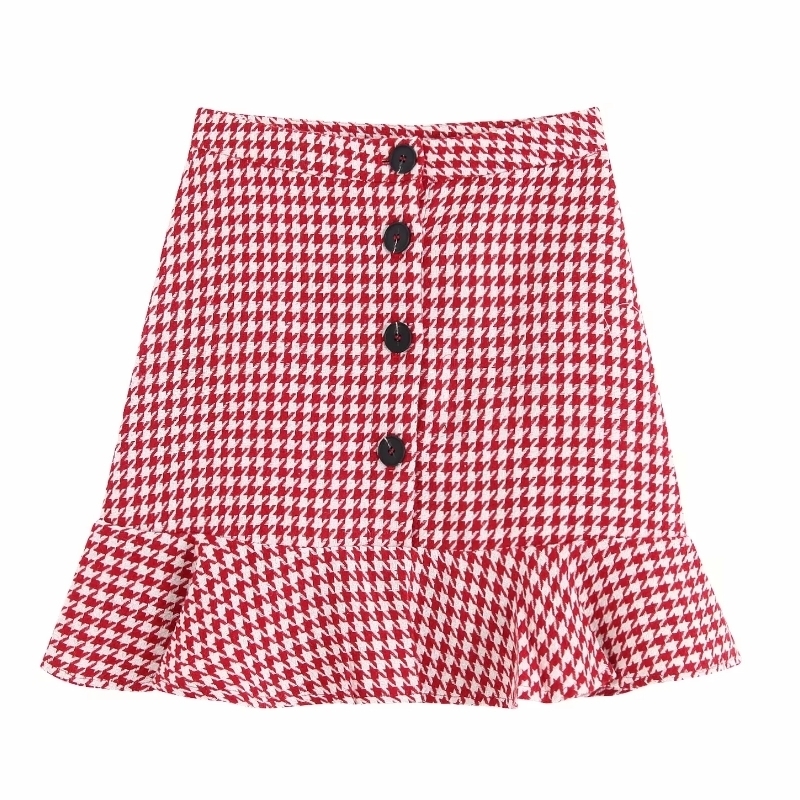 

Women high street red plaid houndstooth print hem ruffles mini skirt faldas mujer ladies single buttons chic skirts QUN409 Y200326, As pic qun409bb