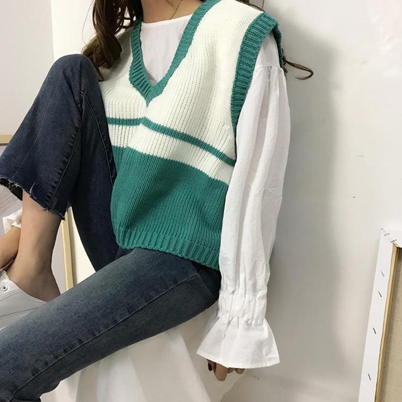

Ladies Sweater Vest Loose Sleeveless Striped Patchwork V Neck Vest New Autumn Street Casual Women Outerwear1, Yellow