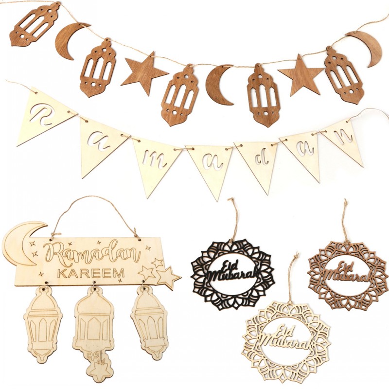 

1PC Wooden crafts Eid Mubarak Ramadan Gurban long string of home decorations small pendants