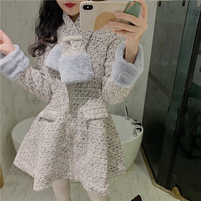 

2021 New Vintage Female Wool Korean Winter Elegant Tweed Dress Short Long-waisted Leather Sleeves High to Line Dressed in Scarf C87P, Multi
