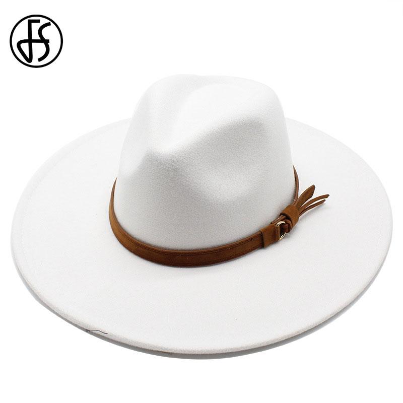 

Wide Brim Hats FS Winter 9.5CM Wool Big White Fedoras Cap For Men Women British Style Panama Jazz Hat Solid