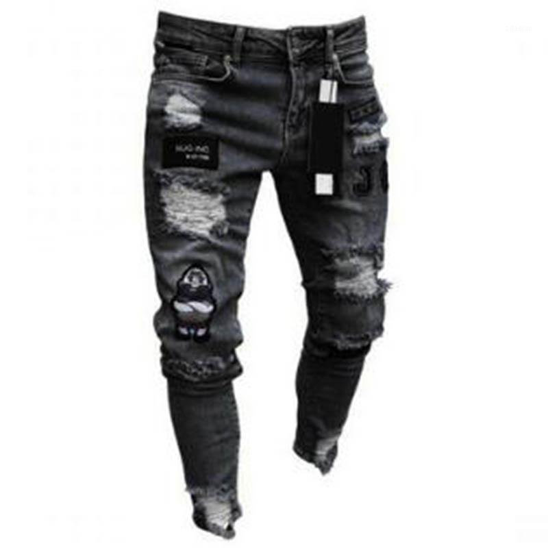 

Autumn Winter 2020 New Style Wear Fashionable Zipper Jeans Men' Trend Knee Hole Beggar High Street Small Feet Motorcycle Pants1, 1895 black