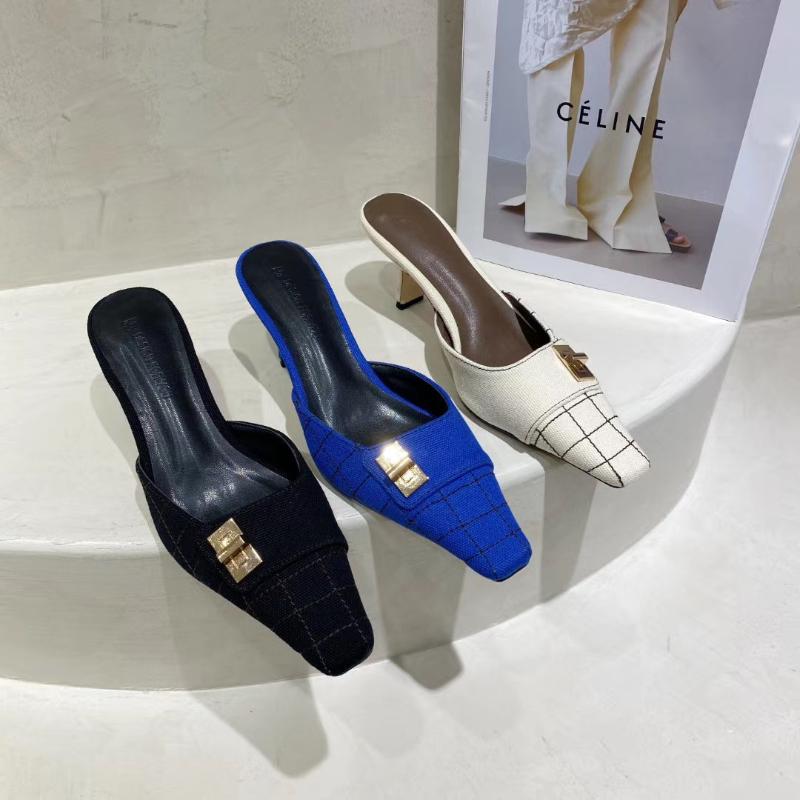 

Fashion Women Slippers Square Toe Plain Belt Buckle White/Blue/Black Elegant Shallow Slippers Thin High Heels Summer Dress Shoes