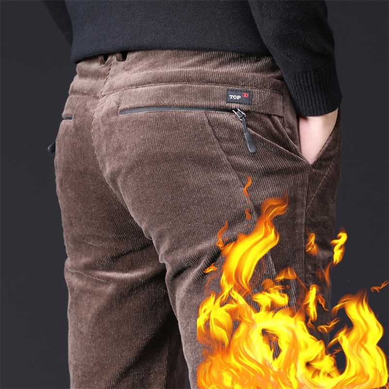 

Men's Winter Pants Thick Cotton Fleece Warm Zipper Pocket Black Brown Pants Male Straight Trousers Stretch Casual Corduroy Pants 201113