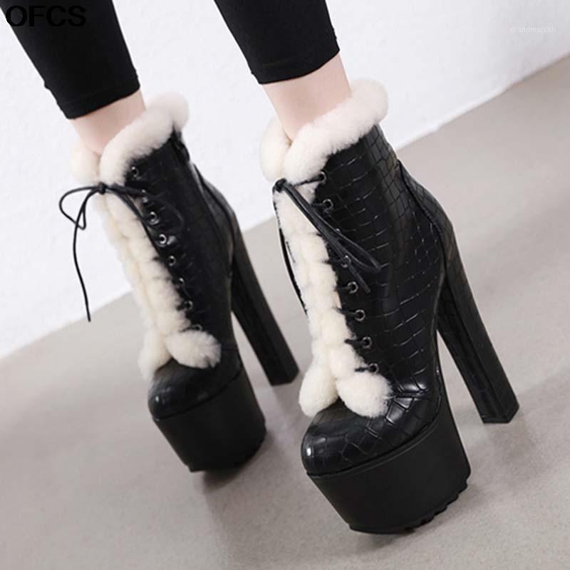 

High Heel Winter Boots Women Sexy Thick Heel Boots Ladies Platform Faux Fur Motorcycle Lacing Round Toe botas Shoes1, White fur