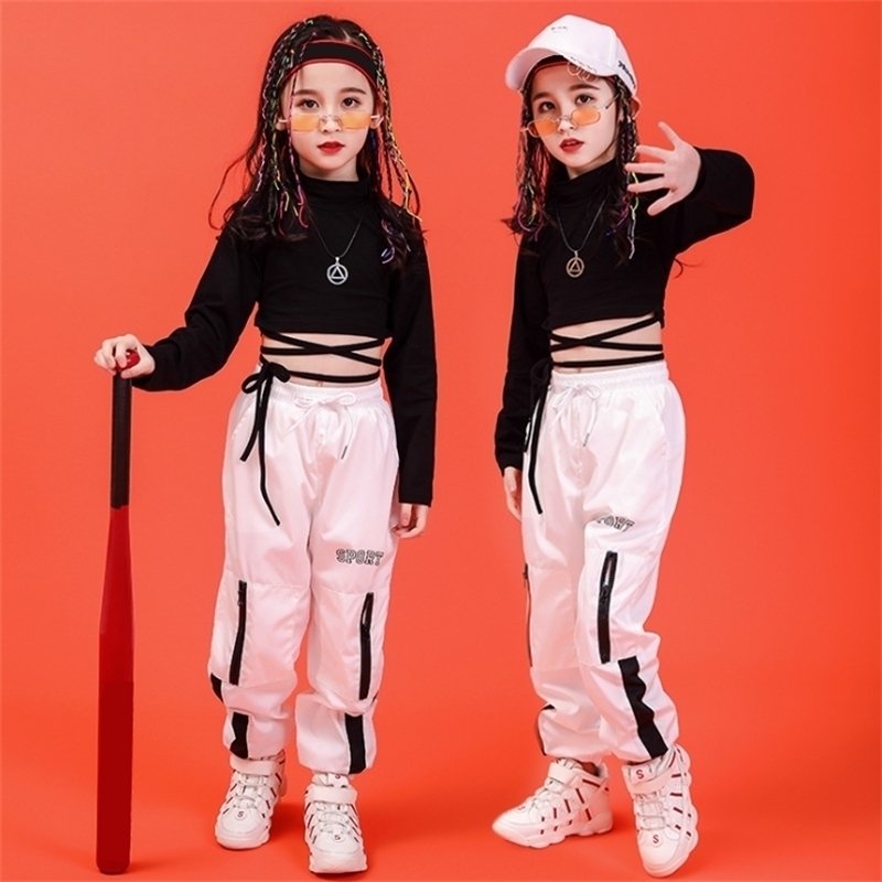 

For 10 12 14 16 Years Children Hip Hop Clothing Black T-Shirt Top Crop Pants Girls Jazz Dance Costume Ballroom Dancing Clothes 201031, Tops 02