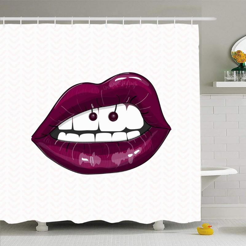 

Shower Curtain Set with Hooks 60x72 Glamour Sexy with Belly Mouth Punk Erotica Dark Pink Hipster Woman Beauty Jewelry Erotic