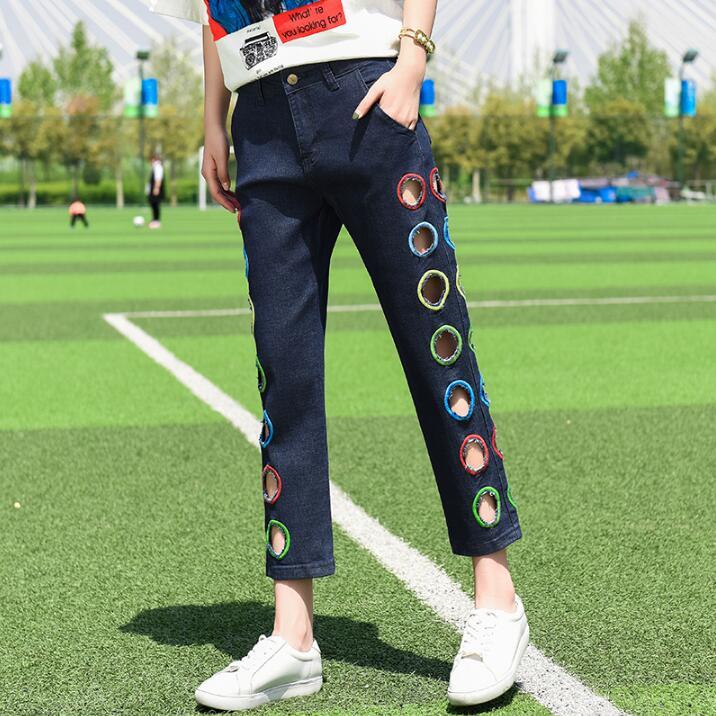 

2020 summer new personality hole fashion embroidery hollow jeans women loose straight simple slim nine pants, Blue