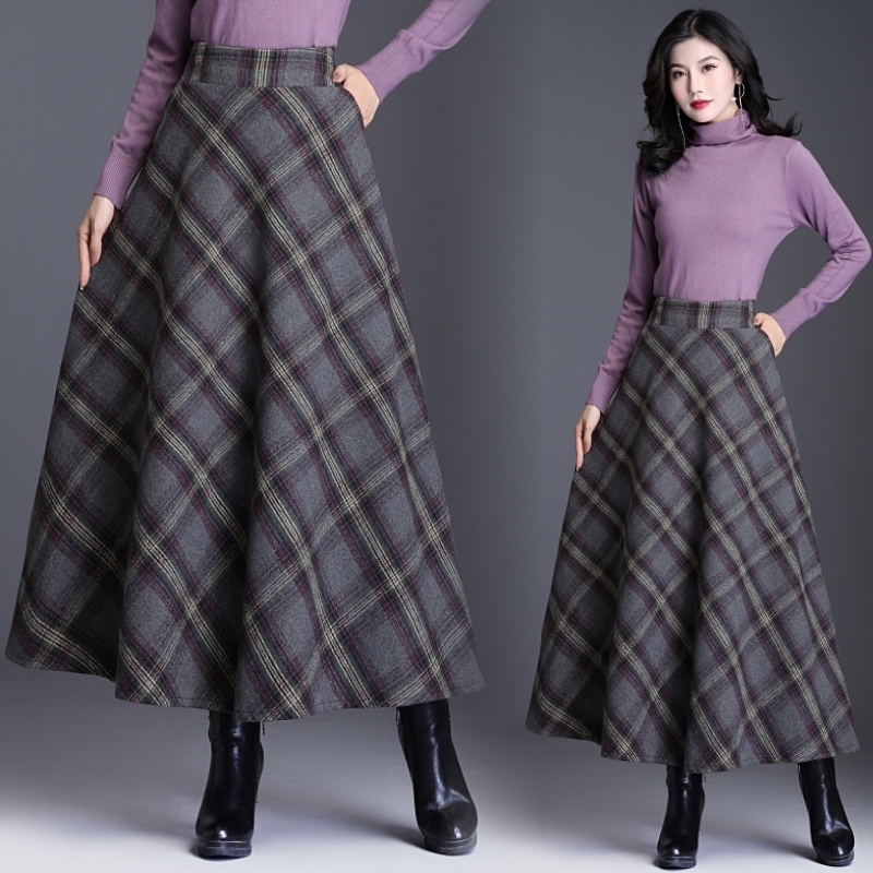 

HAYBLST Brand Skirt Womens Autumn Winter Plus Size3XL Elegant Korean Style Tall Waist Fashion Plaid Wool Cloth Long Clothing Y200326, Dark grey