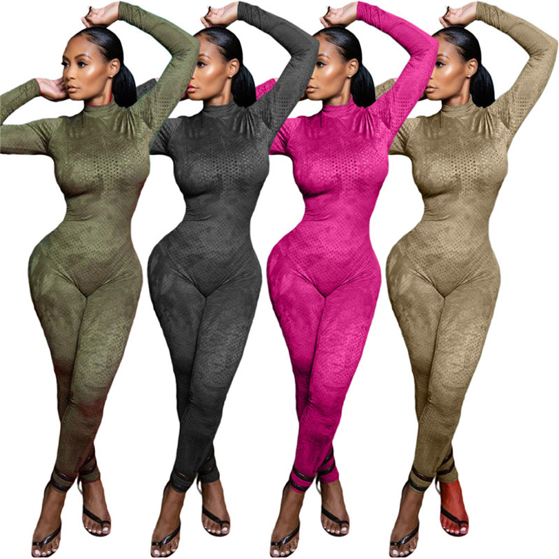 Femmes 2XL mode body sexy maille combinaisons à manches longues boîte de nuit leggings unis couleur unie barboteuses automne hiver vêtements déco
