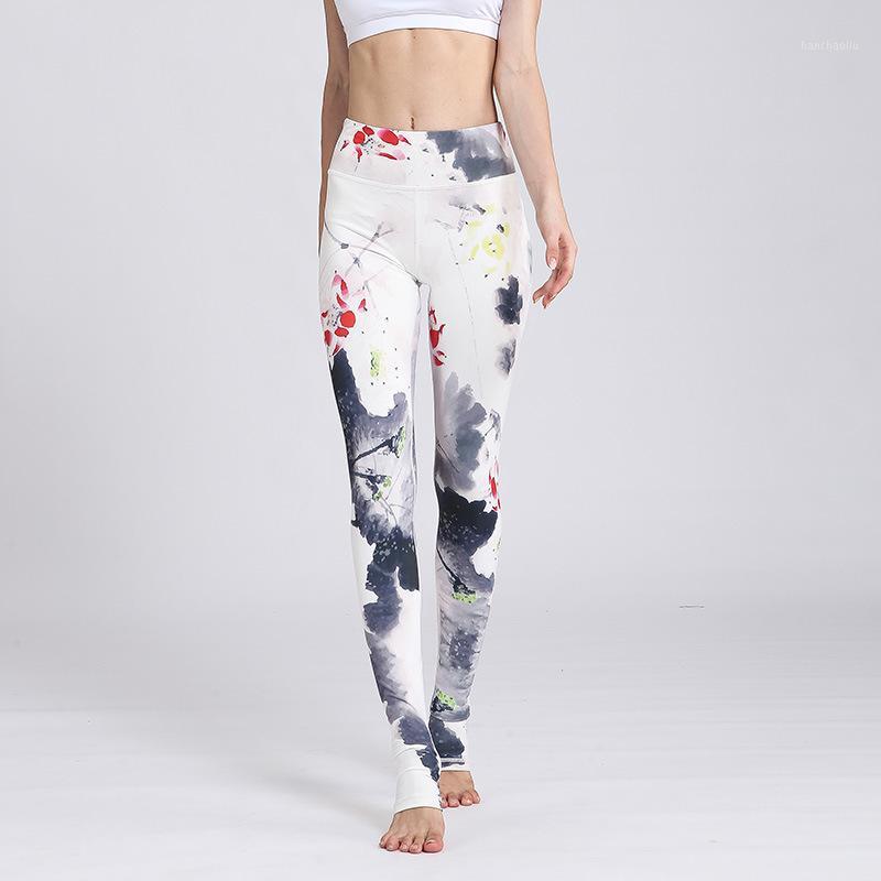 

Women High Waist Yoga Pants Workout Print Gym Leggings Running Fitness Training Elastic Sexy Long Tights Trousers for Dancing1, Ink white