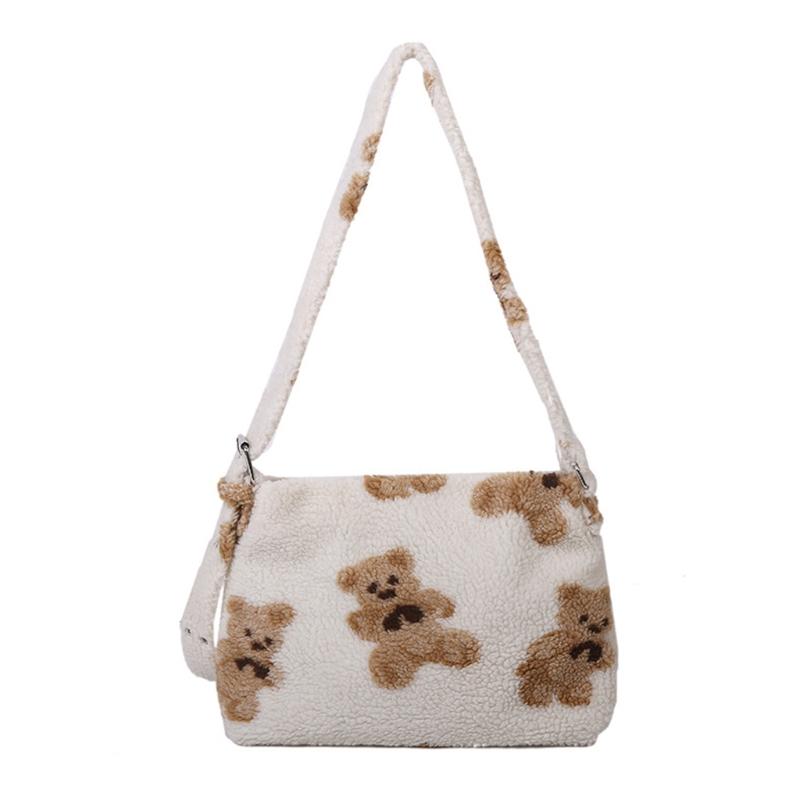 

Women Lamb Like Fabrics Shoulder Crossbody Purse Fluffy Fur Bear Handbags H8WD, White