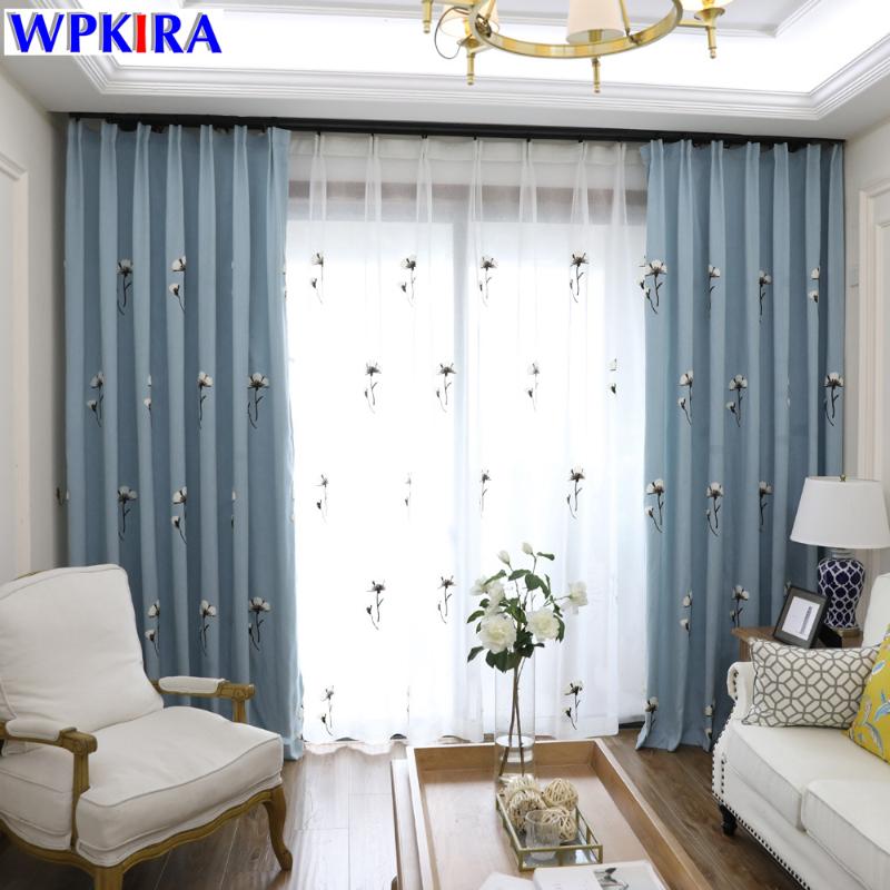 

Pastoral Blue Semi Shade Kapok Curtians for Ling Room Window Treatments Sheer Embroidered Curtain Floral Tulle Fancy WP009-30