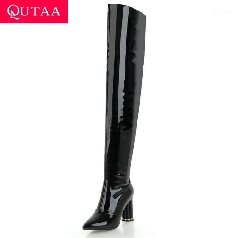 

QUTAA 2020 Sexy Patent Leather Over The Knee Boots Fashion Transparent Square High Heel Peep Toe Winter Women Shoes Size 34-431, Black