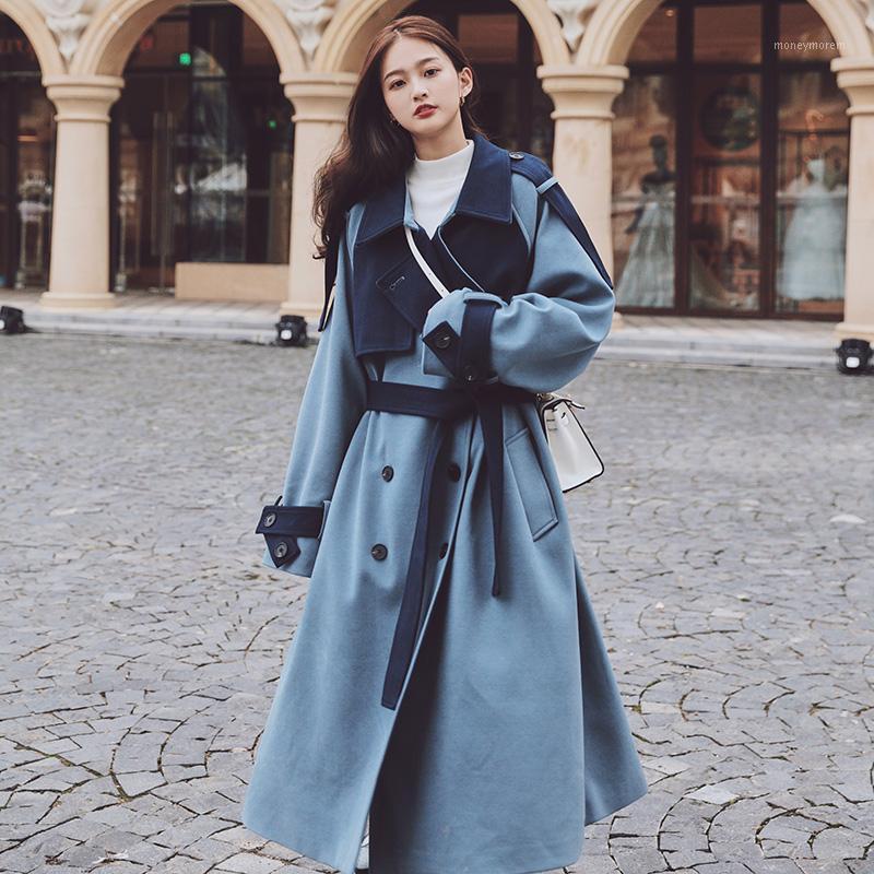 

Coat Female Plus Size Long Woolen 2020 Winter New Two-Color Stitching Loose Korean Double Breasted Thickening Women Jacket LS11, Blue