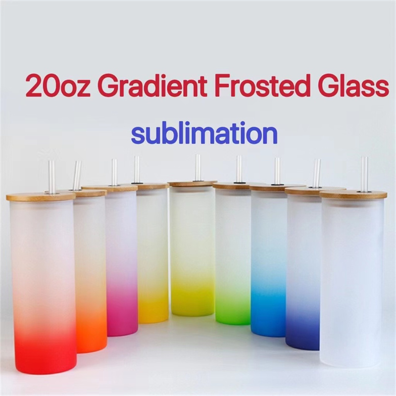 

20oz Sublimation Gradient Frosted Glasses tumbler With Wooden Lids&Plastic Straws Straight Blank Water Bottles DIY Heat Transfer Wine Tumblers 9 Color B2, Multi-color