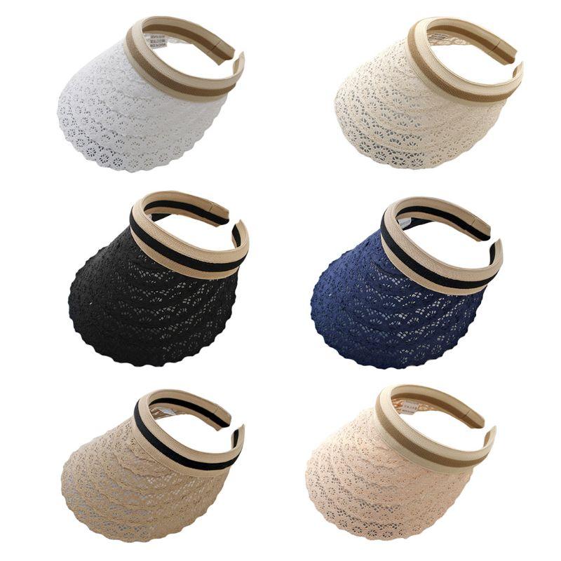 

Female Summer Empty Top Sun Visor Cap Hollow Floral Lace Sunscreen Beach Hat 2XPD, White