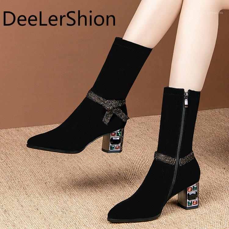 

Autumn Winter 2020 Womens CALF BOOTS Boots Women's Thick Heel Thin High Heel Elastic Women Bow Diamond Plush1, Black