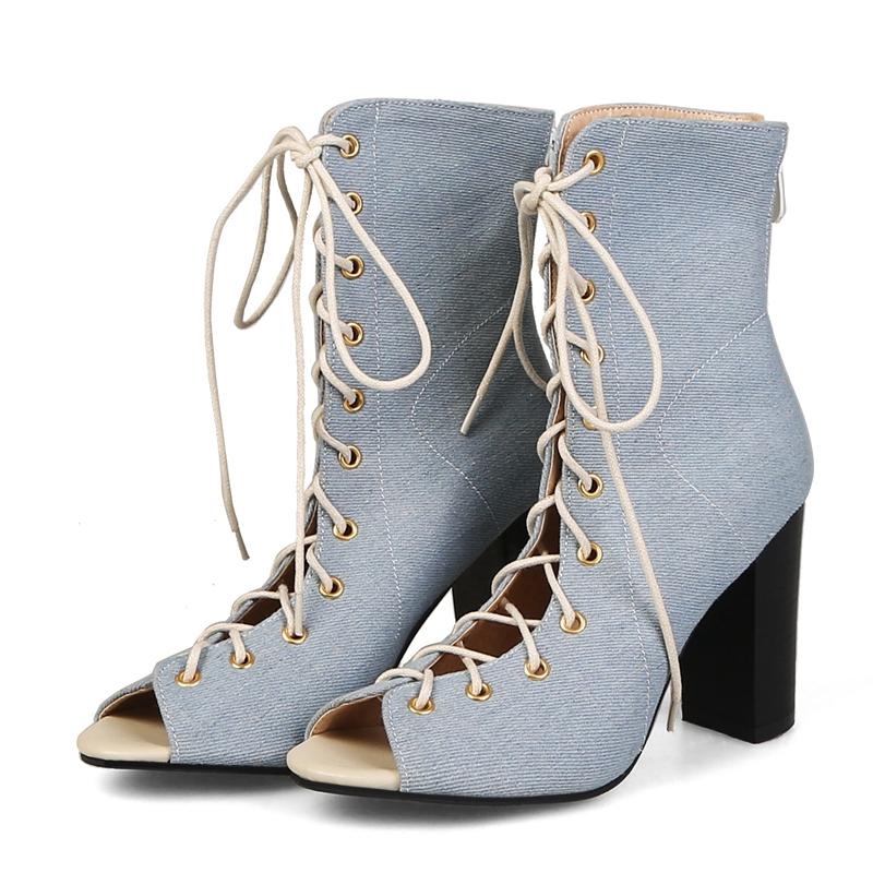 

ASILETO square High heels summer shoes ankle boots Cross tied Zipper Peep toe blue jeans cowboy denim boot Big size 33-48 botas, Black