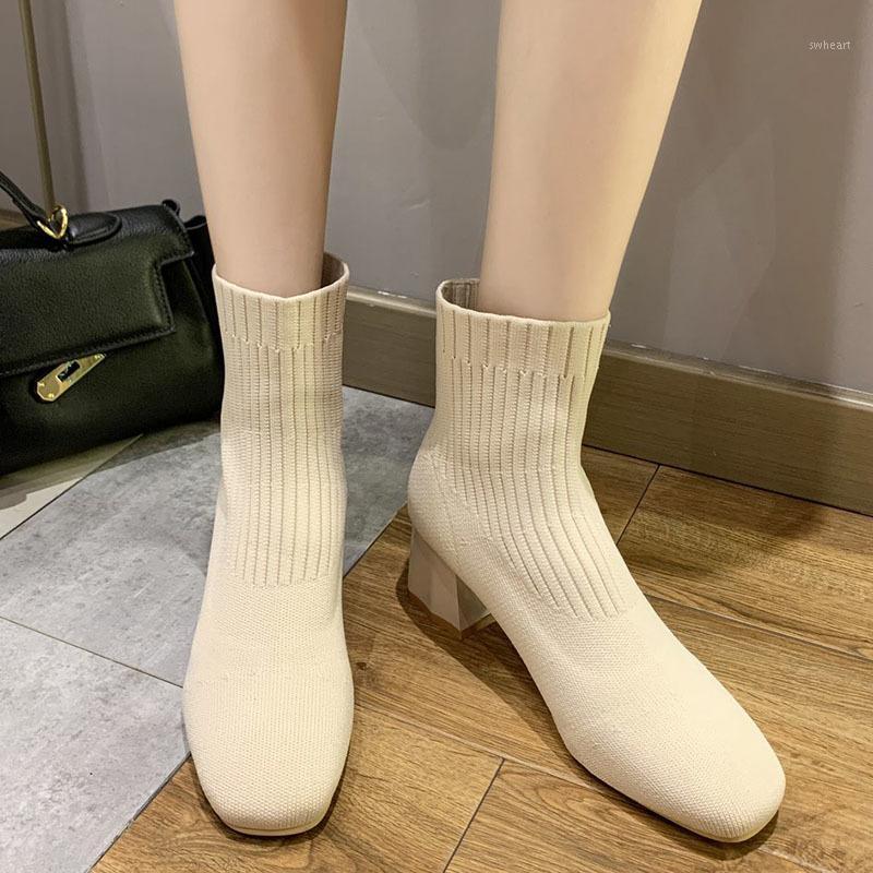 

Autumn Soft Knitted Elastic Socks Boots Women Fashion Square Toe Thick Heel Ankle Boots Woman Yellow Slip on Botas Mujer1