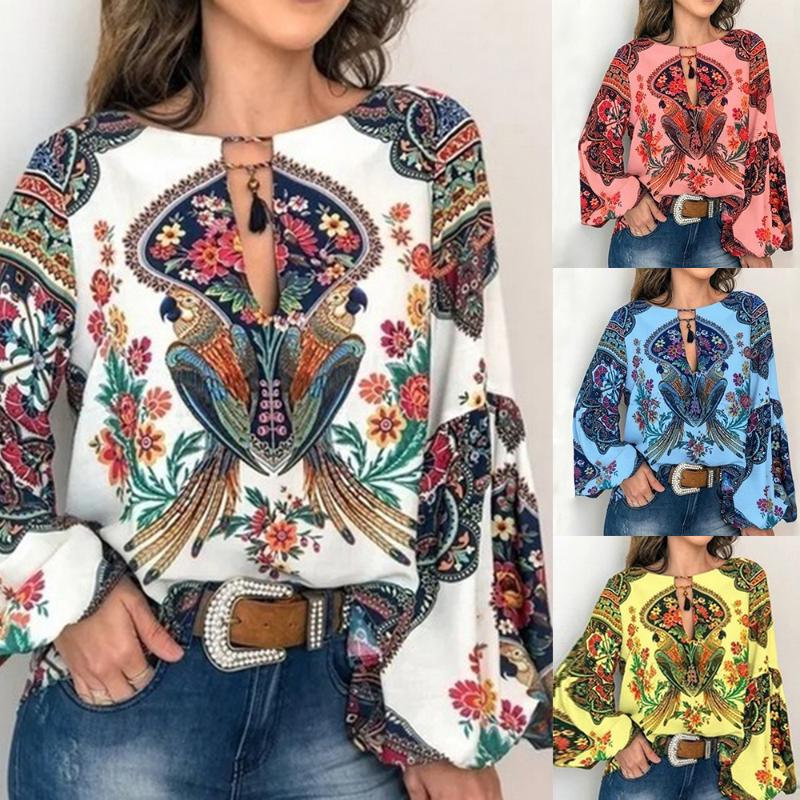 

S-5XL Women Bohemian Clothing Plus Size Blouse Shirt Vintage Floral Print Tops Blouses Casual Blusa Feminina Plus Size 2021, Pink