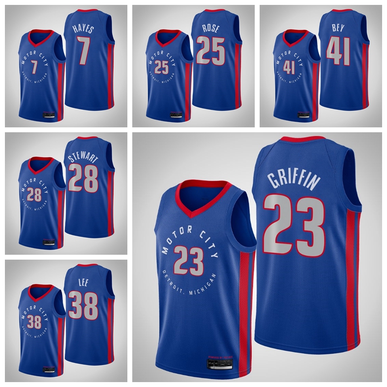 

Detroit Pistons Men 23 Blake Griffin 25 Derrick Rose Kennard 2020/21 Swingman City Basketball Jersey Blue Icon Edition