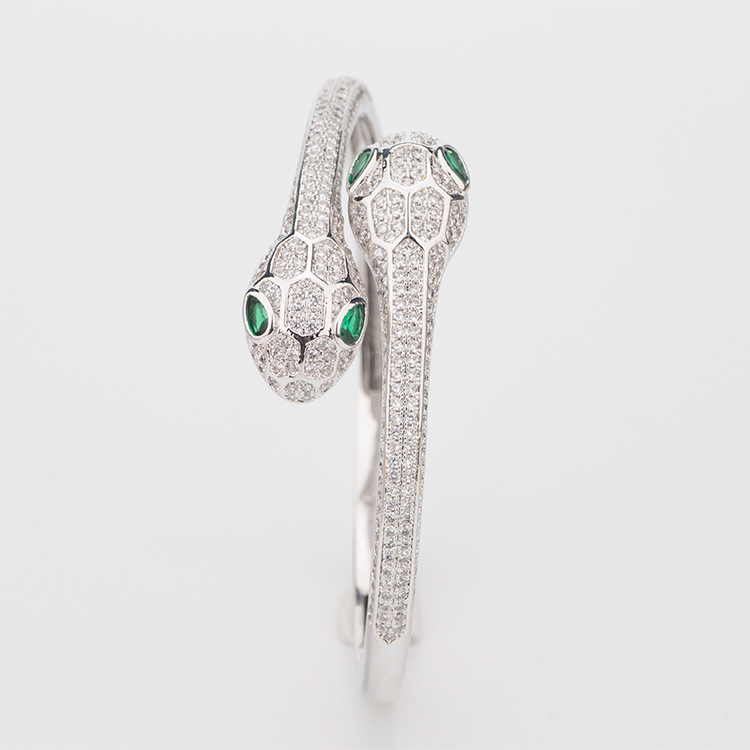 Women Snake Two Head Open Bracelets Jewelry Handmade Natural Emerald Sterling Silver Woman Elasticity Animal Bangle Wedding Jewelry