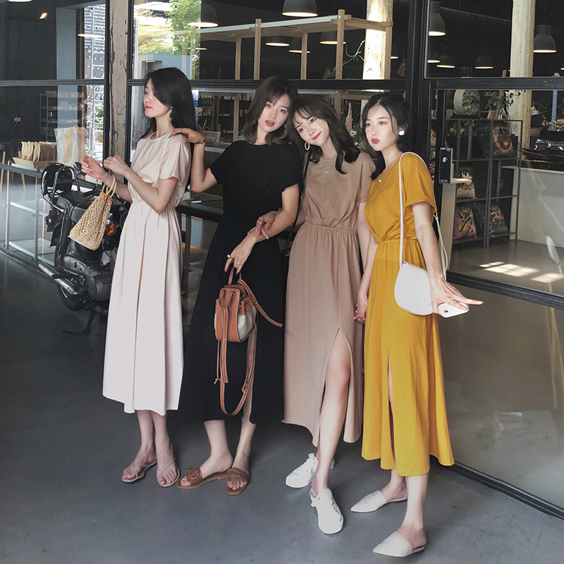 

2021 New Fashion Summer Ladies Cotton A-line Split Mid-length O-neck Slim Waist Elegant Short Sleeve Women 0b62, Yellow