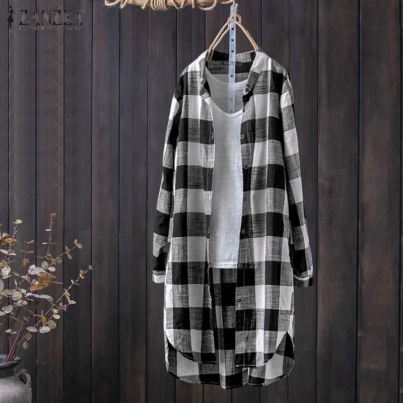 

ZANZEA Autumn Long Sleeve Blouse Vintage Plaid Checked Shirts Women Long Tops Female Tunic Top Robe Chemise Casual Loose Blusas, Black