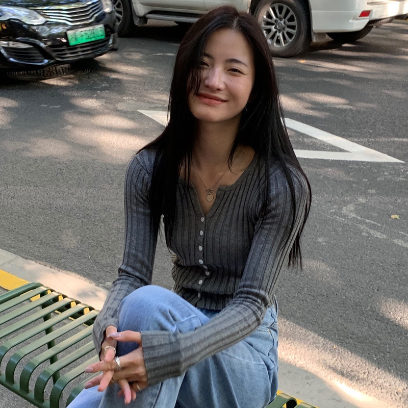 

Grey Goth Women's Cardigan Mesh 2021 New Korean-style Short-necked V-sunk Stripe Thin-fit-looking Sweater Lrfy, Black