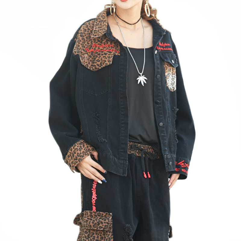 

Fashion the Spring Ladies Two Sets Leopard Outfits Vintage Denim Streetwear Womens Tops Jacket Clothes 4jb4, Brown