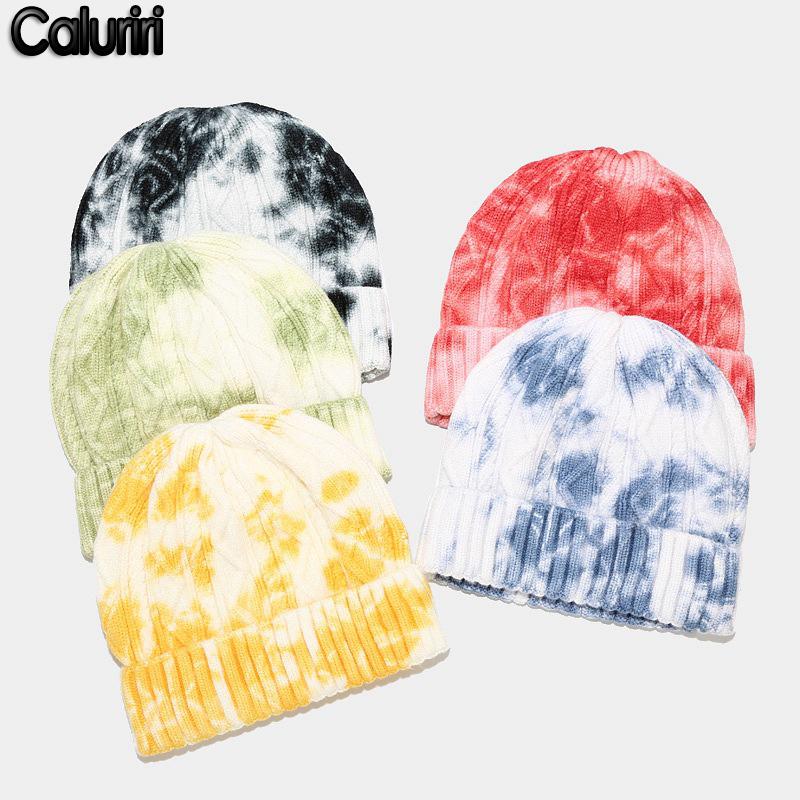 

Tie-dye Beanie Warm Winter Hats For Women Ladies Men Cuffed Plain Skull Cap Bonnet Autumn Knitted Hip Hop Hat Beanies ZZ-285