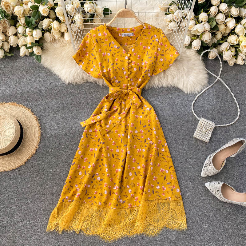 

2021 New Singiny female lace shreds summer neck short stripes the line dressed floral impression dress JYD0, Blue