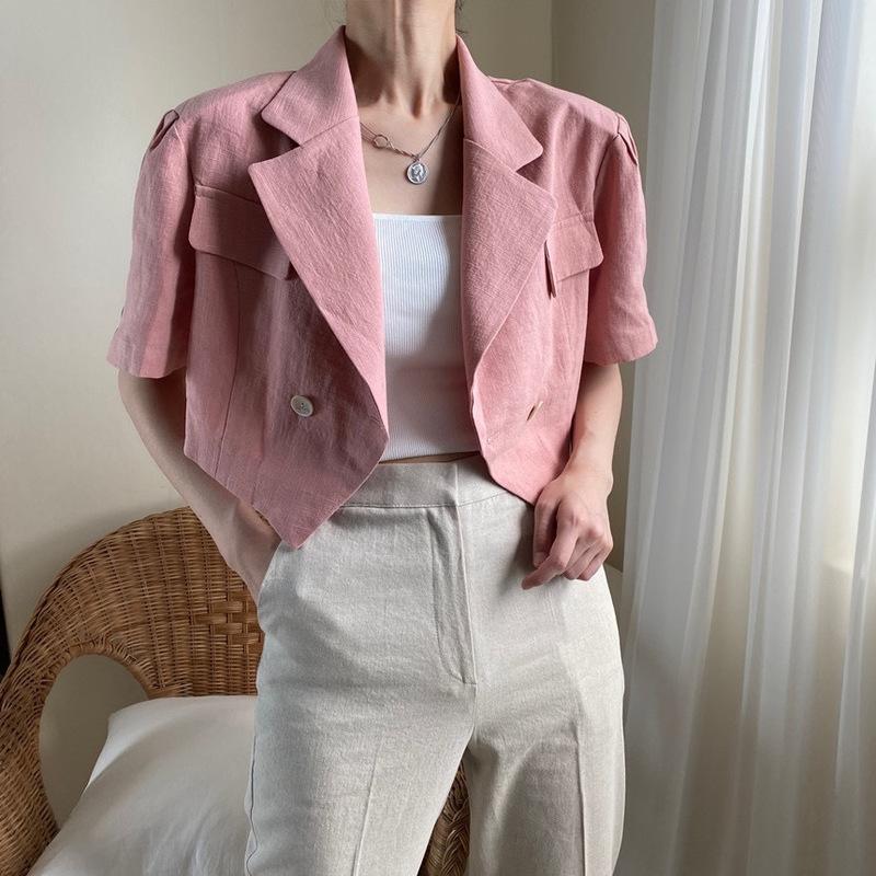 

Women's Jackets Chic Summer Short Sleeve Double Breasted Cotton And Linen Jacket Women Lapel Two Button Retro Fashion Elegant Coat, Black;brown