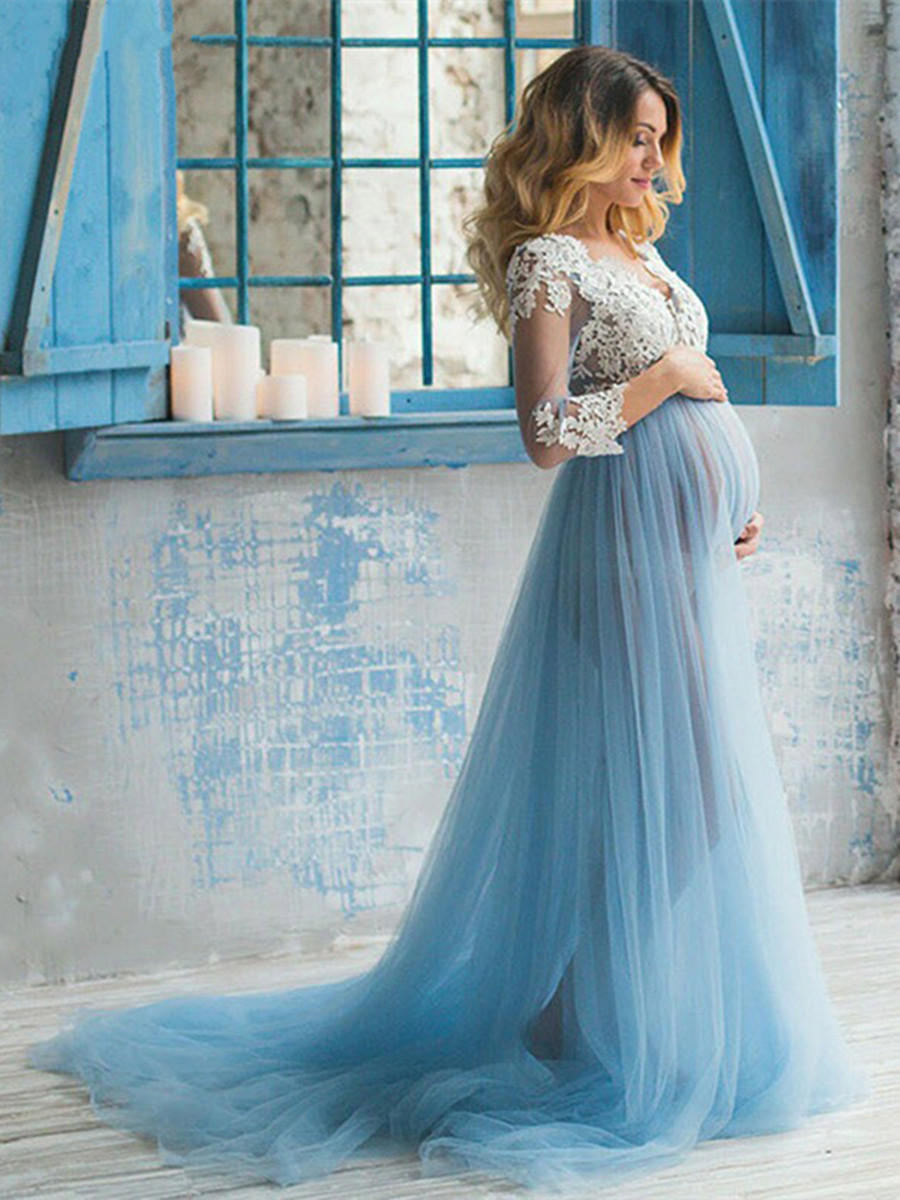 

Lace Formal Pregnant Photo Dresses Long Sleeves Tulle Royal Blue Prom Evening Gowns Plus Size 2021 Evening Dress Party Wear