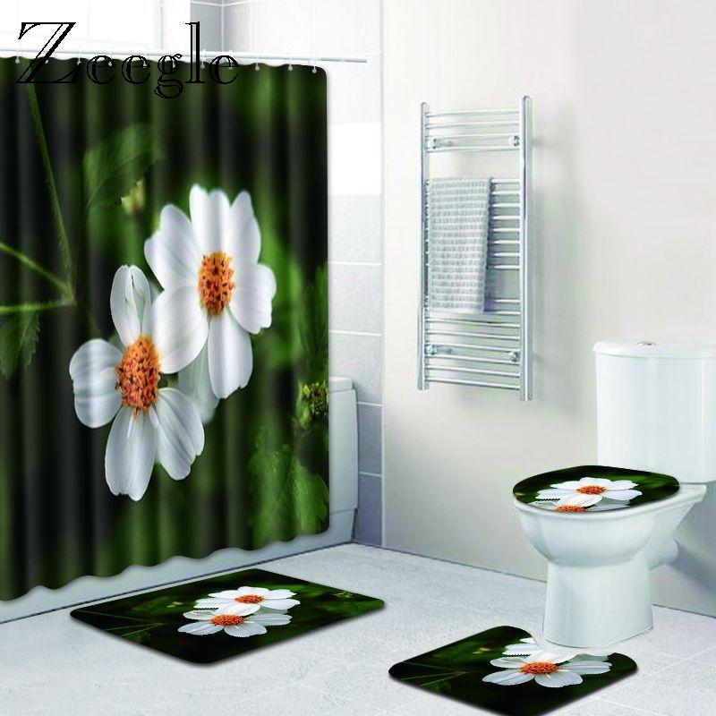 

Zeegle 3D Floral Scenery Pattern Waterproof Shower Curtain Bathroom Bath Mat Set Pedestal Rug Lid Toilet Cover WC Carpets