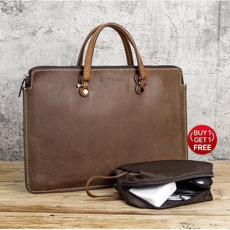 

Vintage Laptop Handbag Genuine Leather Bag Laptop Sleeve for MacBook Pro/Air 15" Notebook Bag Briefcase for 12" 13"14"1, Brown