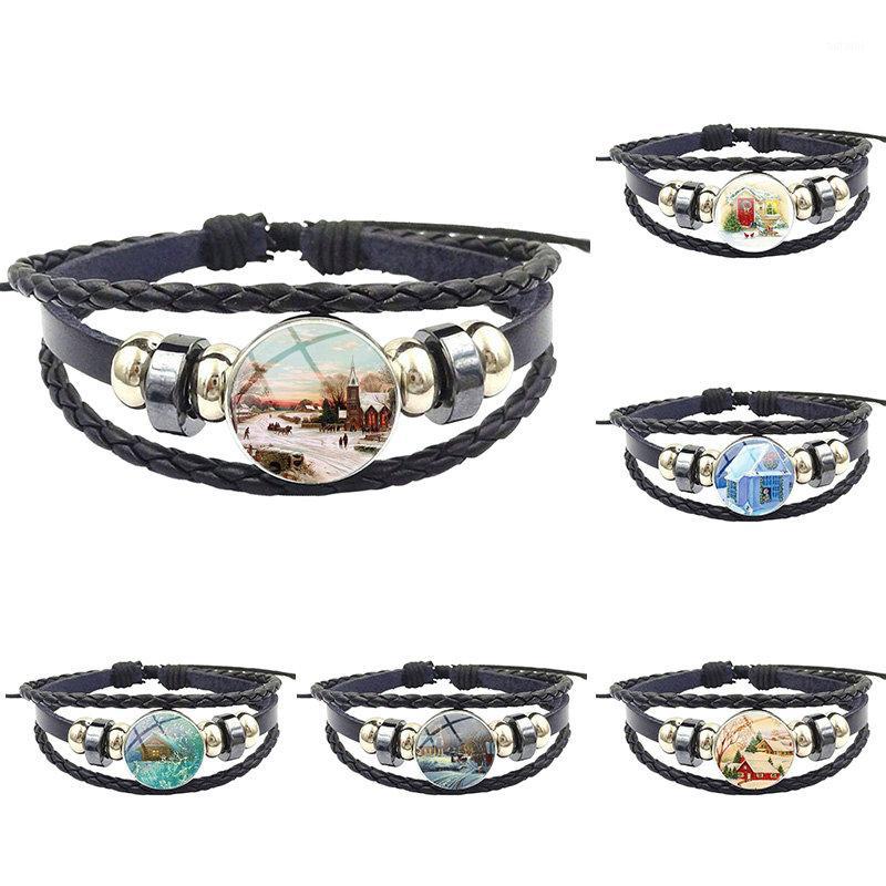 

For Women Choker Vintage Jewelry Plated Black Leather Bracelet Bangle Russian Christmas Snow House1