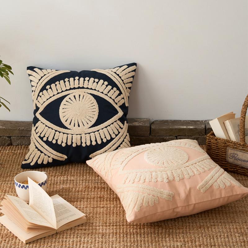 

Ivory Navy Cushion Cover Cotton Thread Embroidery Home Decorative 45x45cm