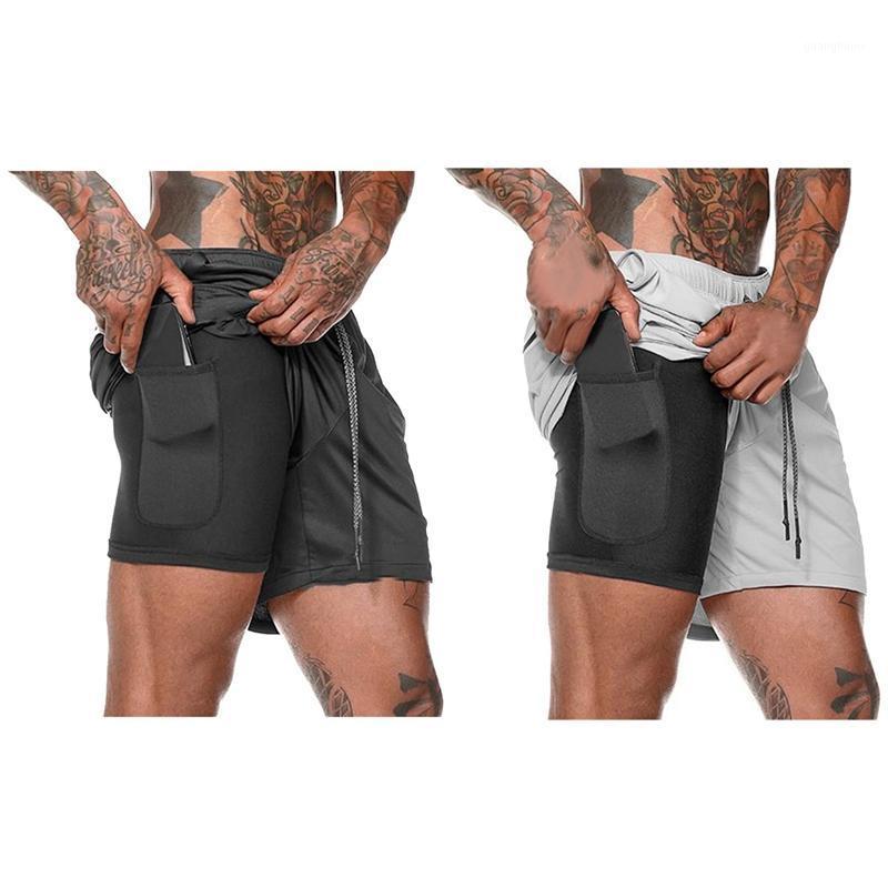 

2 Pcs Yoga Pants Men's Running Shorts Sports Pants Double-Layer Quick-Drying Jogging Fitness Shorts (Black &Light Grey )1, As shown