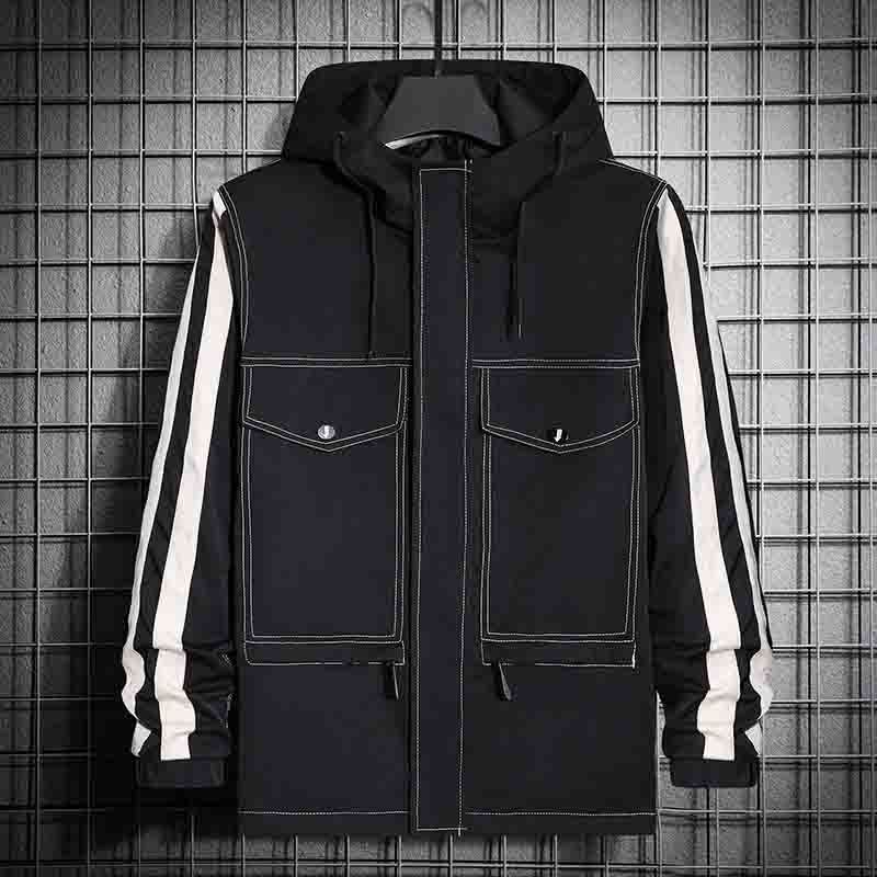 

Men Hooded Jacket Spring and Autumn Mens Denim Jackets Fashion New Mens Jackets with Big Pockets Casual Windbreaker 3 Colors Size -4XL, Black