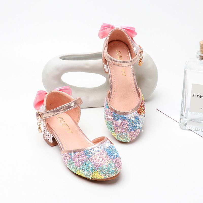 

New princess kids shoes casual glitter leather wedding girls sandals rainbow sequins sandal party dress high heels kids shoes1, Pink