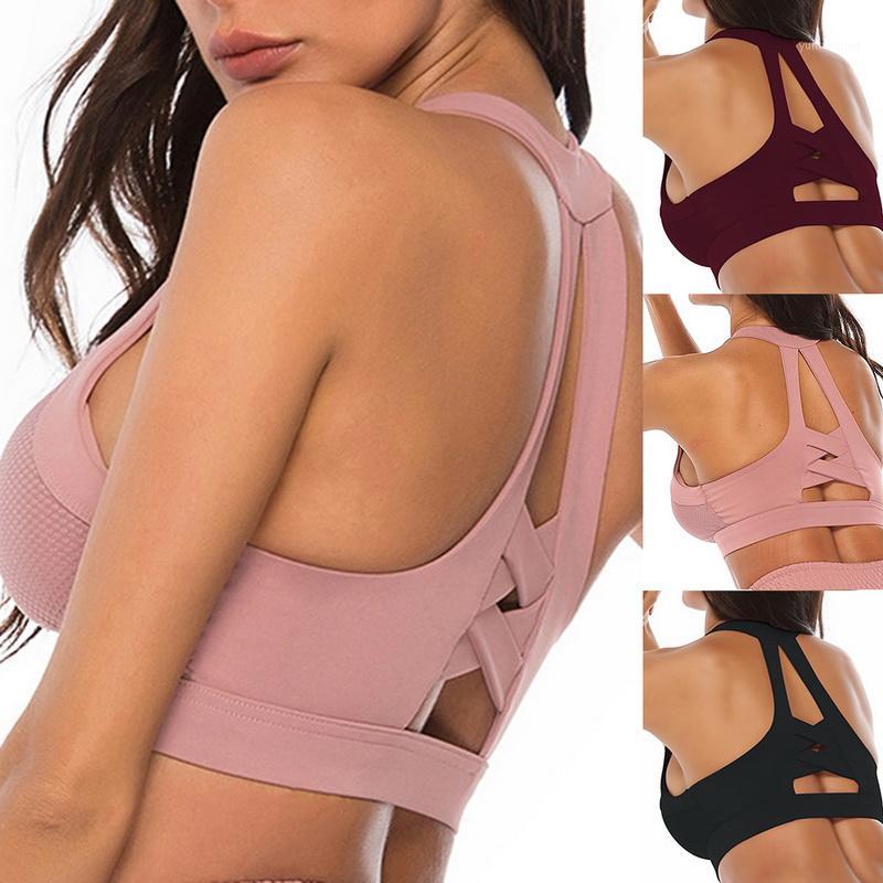 

Women Padded Bras Fitness Support Strappy Sports Workout Running Gym Crossover Sports Bra Solid Yoga Tops Hollow Out1, Black